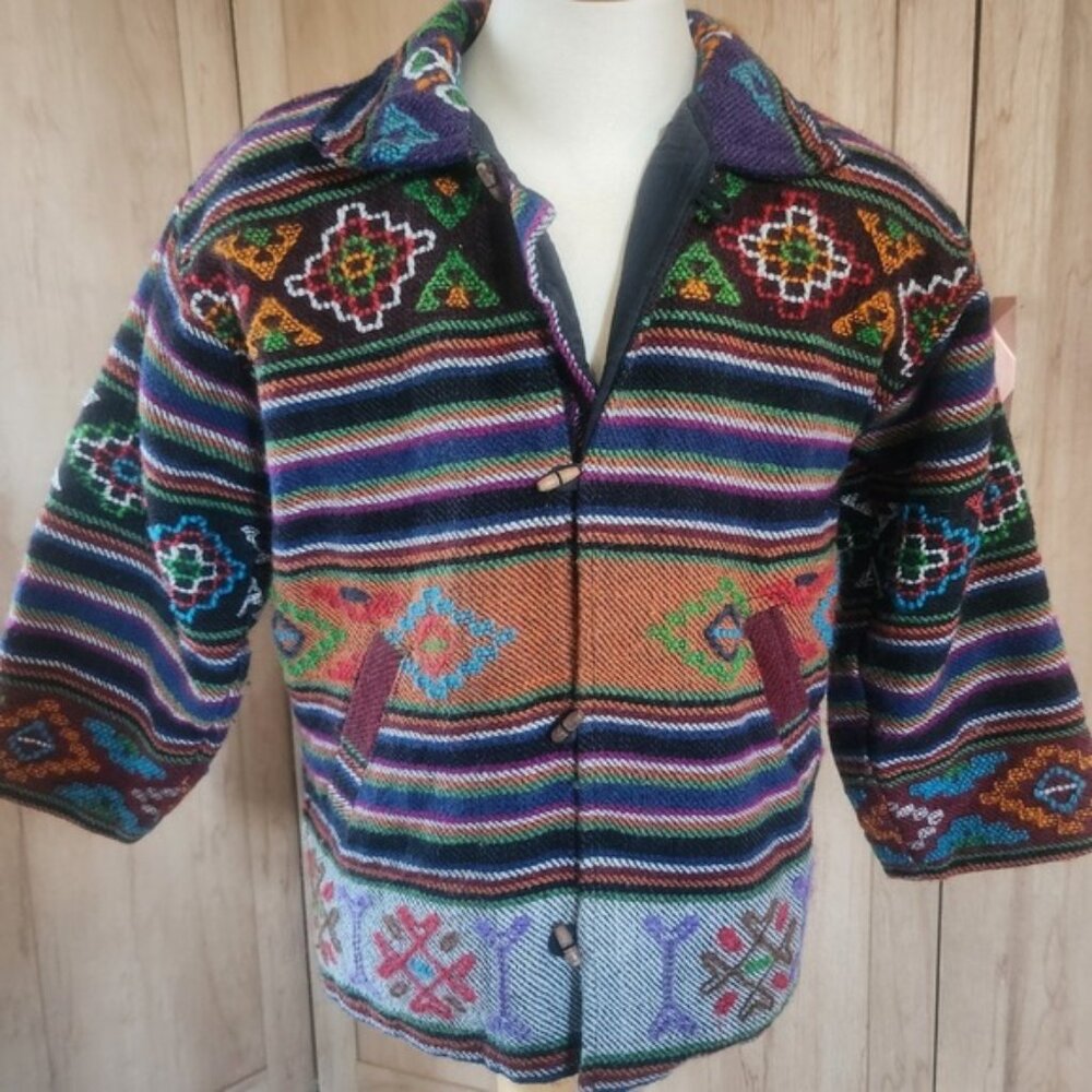 Navajo Blanket Jacket 80s  Geometric Embroidered Jacket Multi Color‎ Aztec sm/m